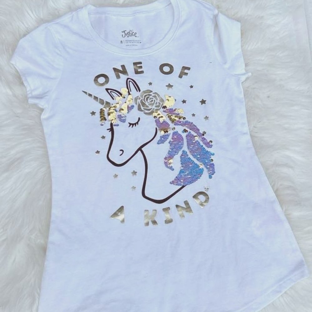 Justice Girls One Of A Kind Unicorn Graphic Flip Sequin T Shirt Size 8